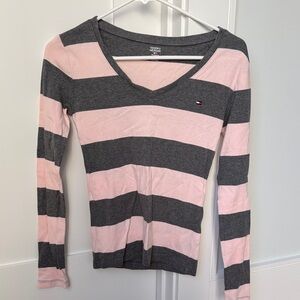Tommy Hilfiger Women's Long Sleeve Pink and Gray Striped Cotton Top